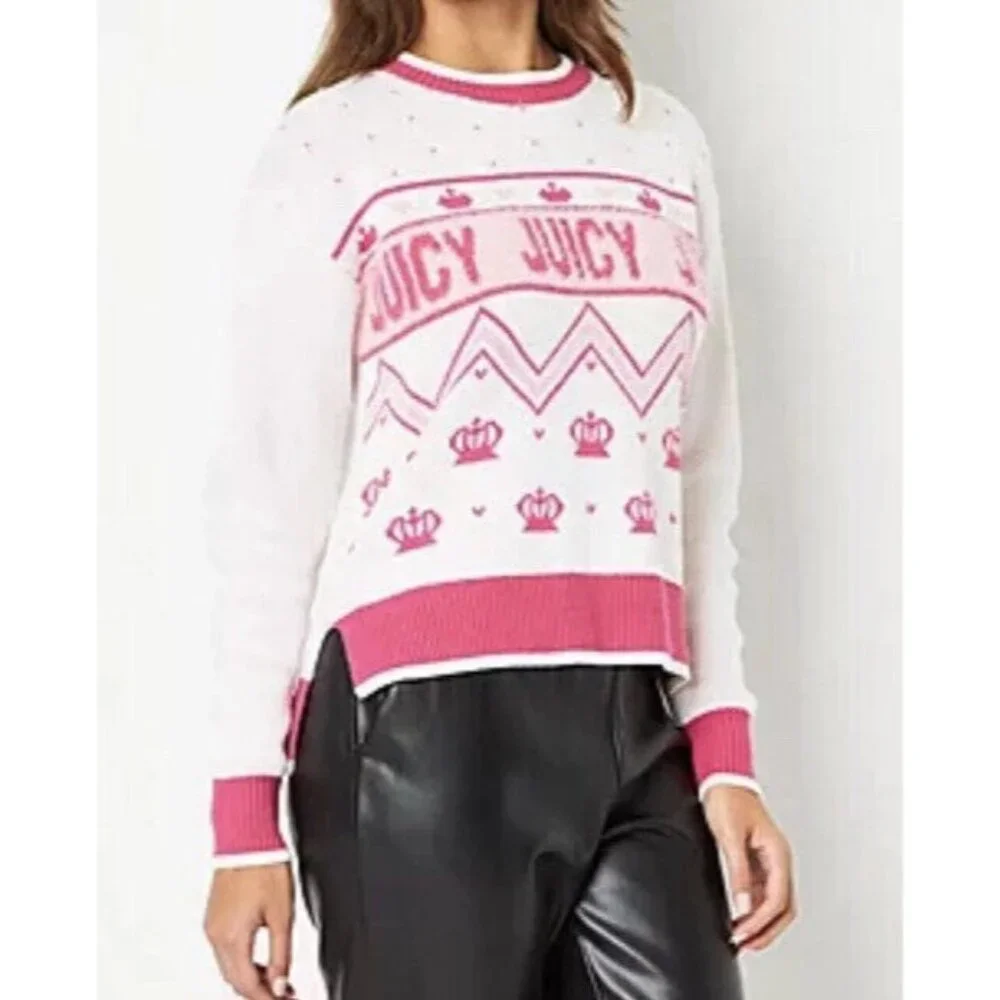 Juicy Couture JUICY Pink & White Acrylic Knit Crewneck Sweater Sz XS - Picture 3 of 8